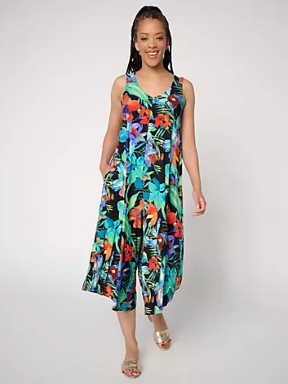 Attitudes by Renee Regular V Neck Handkerchief Jumpsuit, Blk Sz XL a728890